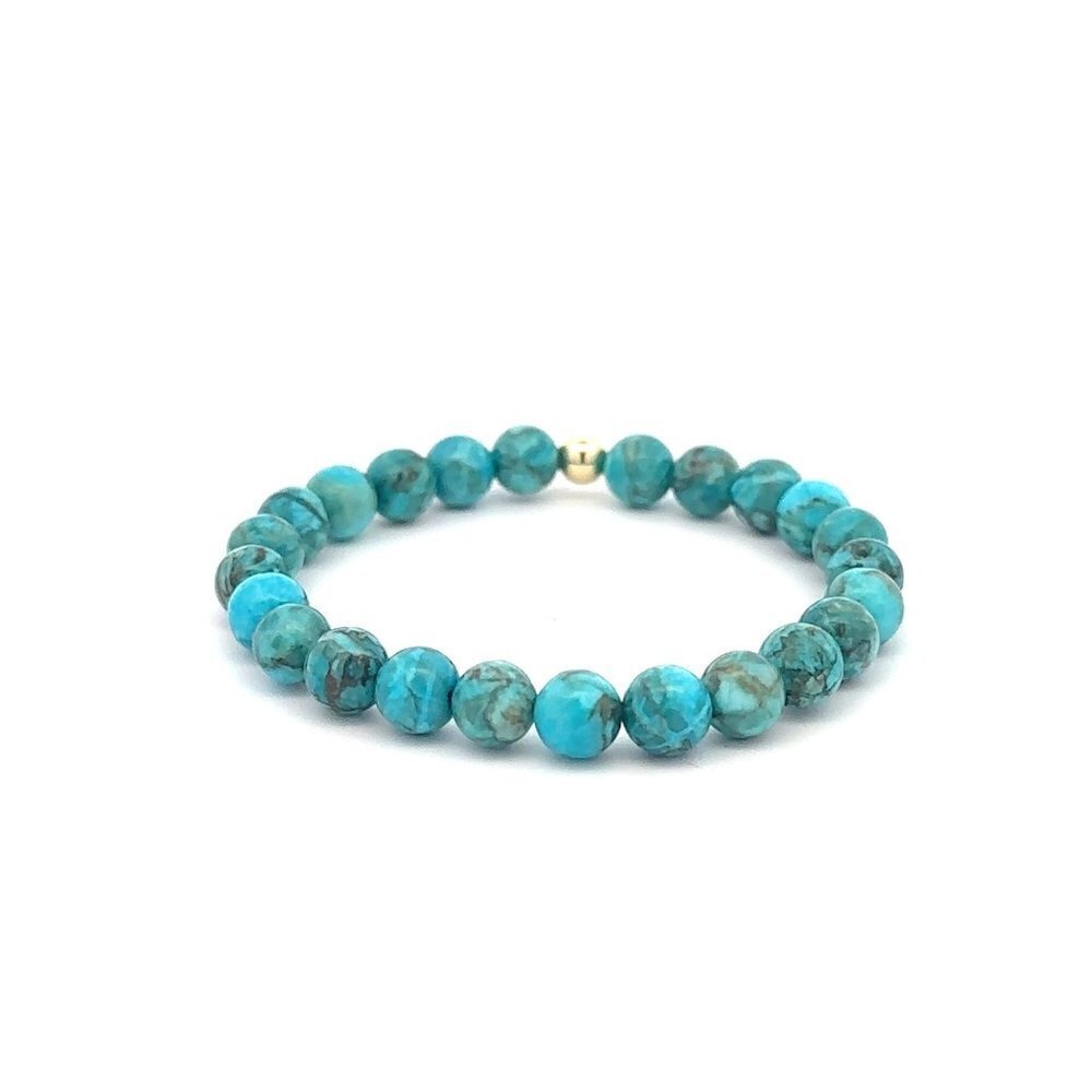 Natural Turquoise 6mm Stretchable Bracelet 18k Gold Bead Charm - Picture 4 of 4
